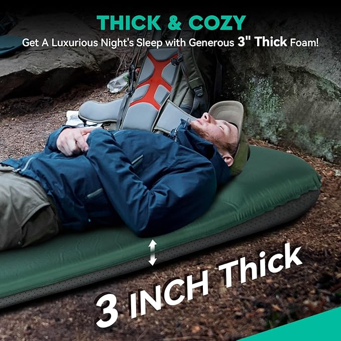 Hikenture Self Inflating Sleeping Pad for Camping, 3'' Ultra Thick Camping Pad with Pillow, 9.5 R-Value Insulated Camping Mattress, 4-Season Inflatable Foam Camping Mat for Car, Tent, Cot