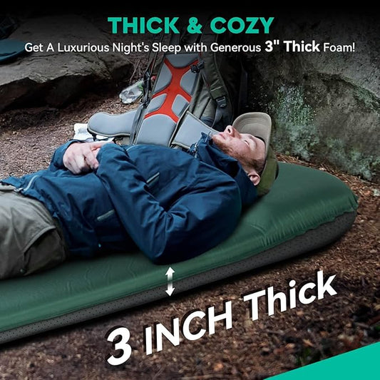Hikenture Self Inflating Sleeping Pad for Camping, 3'' Ultra Thick Camping Pad with Pillow, 9.5 R-Value Insulated Camping Mattress, 4-Season Inflatable Foam Camping Mat for Car, Tent, Cot