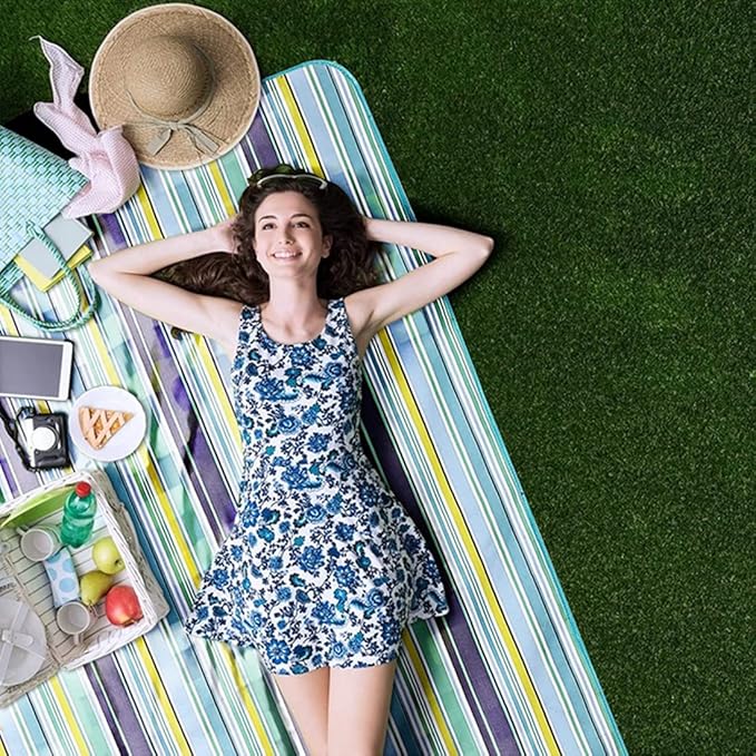 K Y KANGYUN Beach Blanket Outdoor Picnic Blankets Mat 80"x60" Extra Large Waterproof Sand Proof Camping Blanket Lightweight Folding Portable Travel Blanket for Family Park Beach Grass (Blue Line)