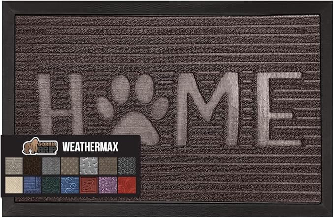 GORILLA GRIP 100% Waterproof All-Season WeatherMax Doormat, 47x35, Durable Natural Rubber, Stain and Fade Resistant, Low Profile, Indoor Outdoor Door Mats, Easy Clean Entrance Mat, Espresso Home Paw
