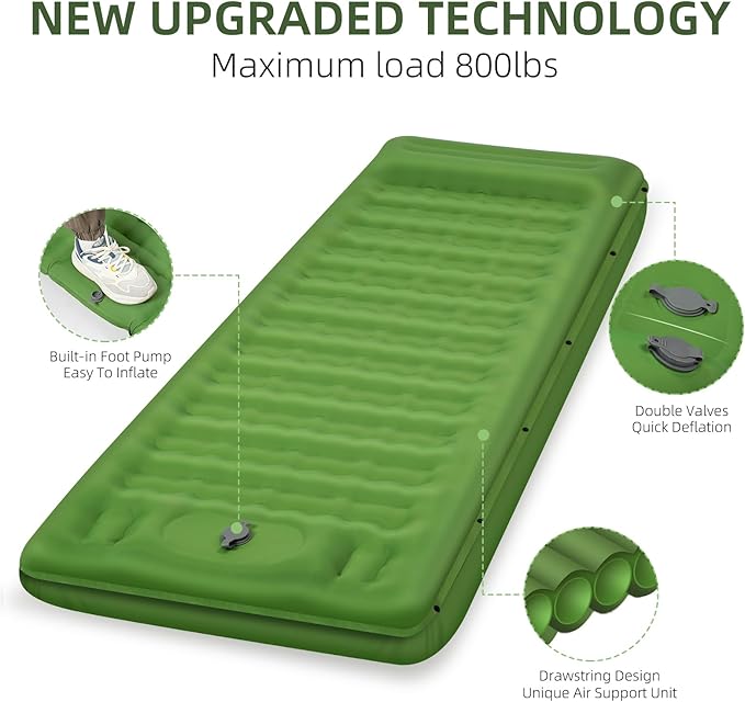 Camping Sleeping Pad, Extra Thick 5 Inch Camping Mat with Pillow Built-in Foot Pump Inflatable Sleeping Pads Compact for Camping Backpacking Hiking Traveling Tent（Green）