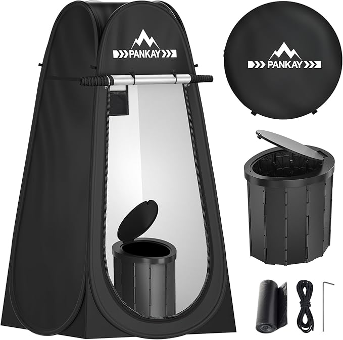 PANKAY Portable Toilet with Pop up Privacy Tent, X Large Camping Toilet Portable Potty for Adults, Outdoor Shower Tent Changing Room, Instant Pop Up, Washable Foldable Camp Toilet Kit with Carry Bag