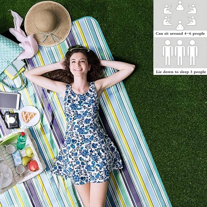 RUIBOLU Large Picnic Blanket, Beach Blankets(80X60) Inch Sandproof Beach Mat for 3-5 Adults Waterproof Quick Drying Outdoor Picnic Mat for Travel Camping Park Lawn (Blue Stripes)