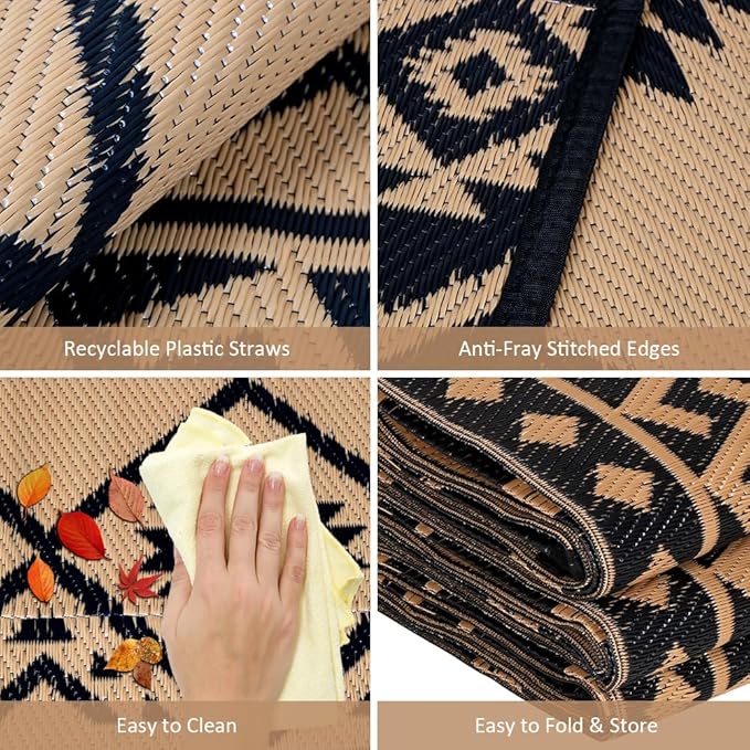 LILIOFFIC Outdoor Rug Waterproof 9x12 ft Outdoor Carpet Patio Rug Mat Reversible RV Camping Rug Plastic Straw Rug Outside Outdoor Area Rug for Patio Deck Balcony Backyard Picnic Beach