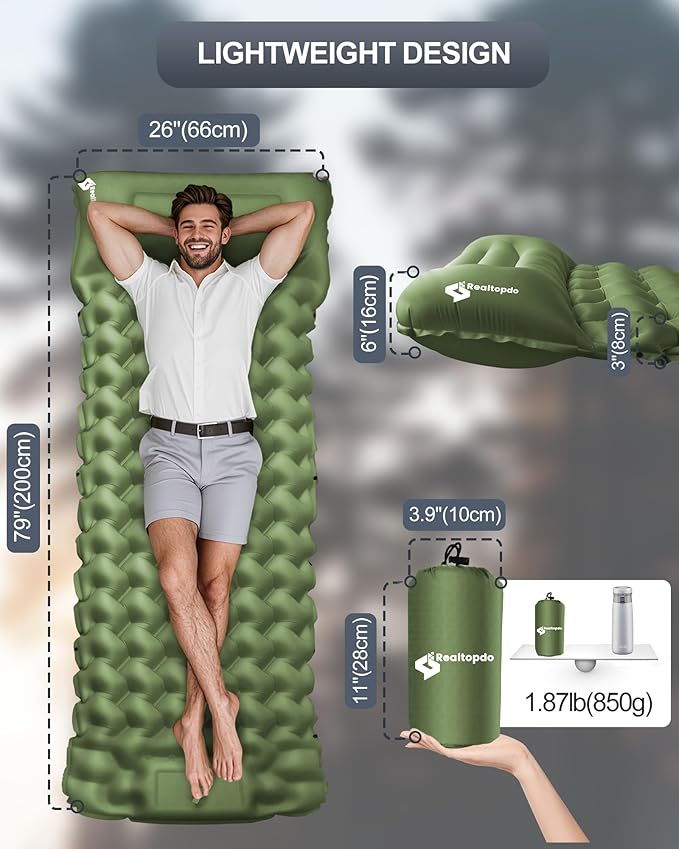 Inflatable Camping Sleeping Pad with Pillow & Foot Pump, 3"x79"x26" Single Camping Air Mattress, Compact Roll-Up, Quick-Dry & Durable Sleeping Mat for Backpacking, Hiking, Tent, Travel – Grass Green