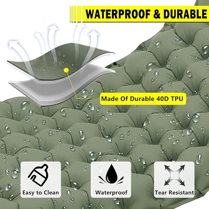 Green Self Inflating Sleeping Pad for Camping, Outdoor Camping Mattress Pad Inflatable Sleeping Mat, Single Air Mattress with Pillow, Inflatable Sleeping Mat Camping Pad for Hiking Car Tent