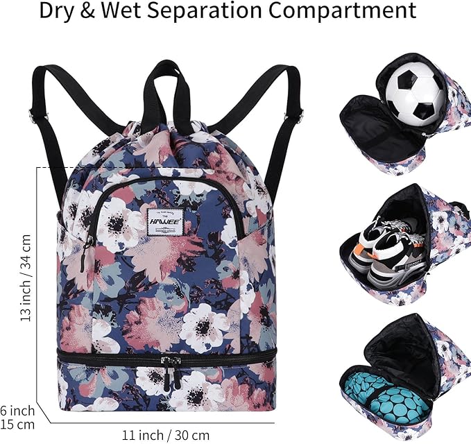 Dry Wet Drawstring Backpack with Shoe Compartment for Women Adjustable Gym Bag