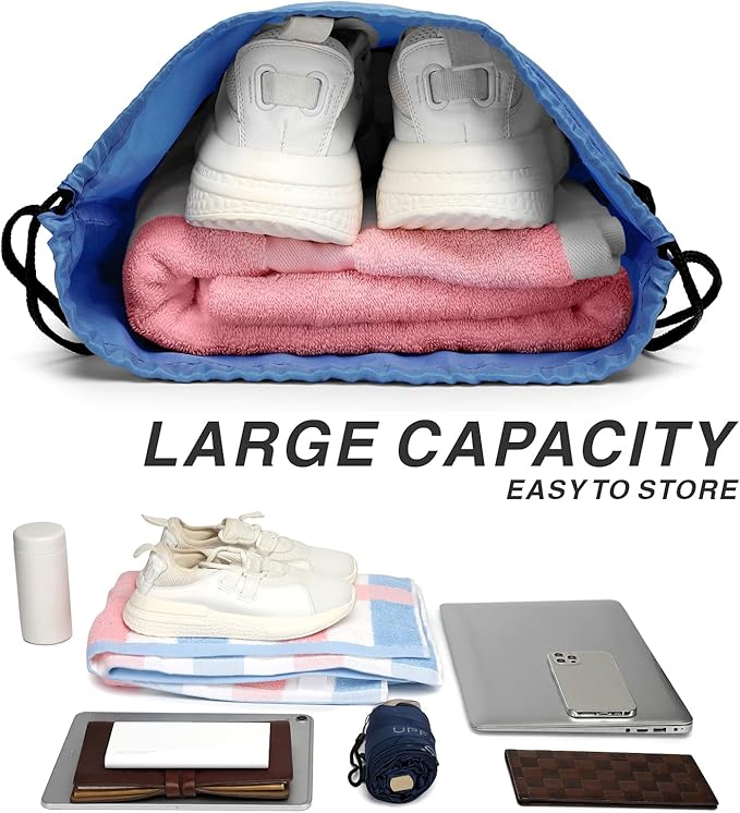 BuyAgain Drawstring Backpack Sports Water Resistant String Bag Sport Gym Sackpack for Women Men Large with Zipper, Baby Blue