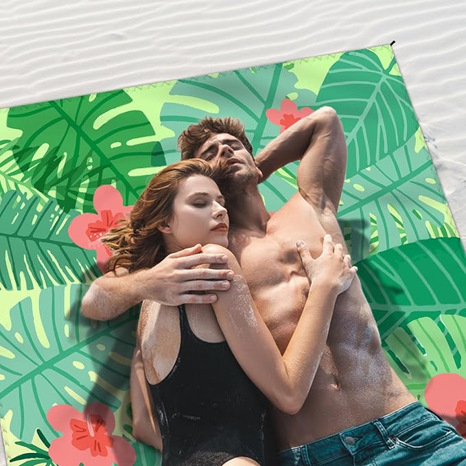 Beach Blanket Waterproof Sandproof Large Beach Mat 79" X 83" for 2-4 Adults Sand Free Mat Quick Drying,Lightweight & Durable with 4 Stakes & 4 Corner Pockets for Beach Travel Camping Hiking.(Green)