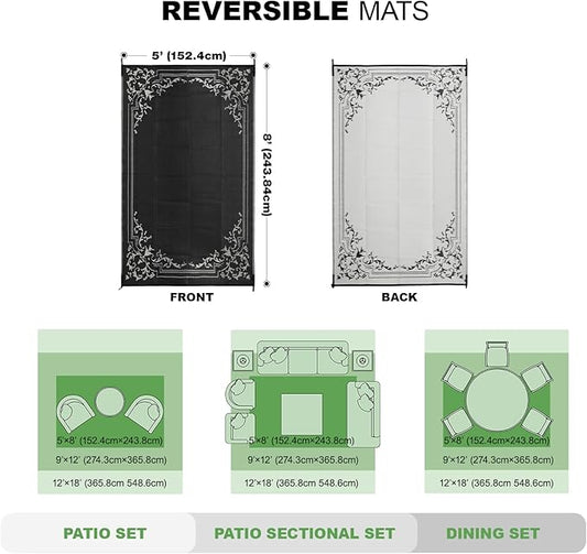 wikiwiki Outdoor Rug, 5x8ft Waterproof Reversible Mat Indoor Outdoor Rugs Carpet, Small Area Rug Plastic Straw Rug for Patio Deck Balcony Pool RV Camping Beach Picnic, Classic Black, Rugscape Series