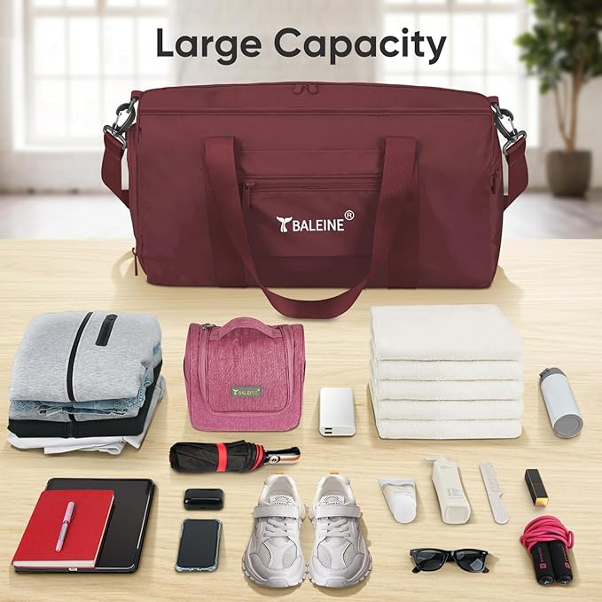 BALEINE Gym Bag for Women and Men, Duffel Bag for Sports, Gyms and Weekend Getaway, Waterproof Dufflebag with Shoe and Wet Clothes Compartments, Lightweight Carryon Gymbag (Red)