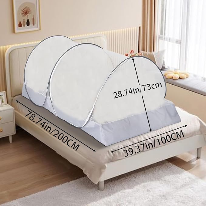 CMINGJ Portable Mosquito Net Foldable Pop-Up Travel Mosquito Net for Bed Free Installation-Suitable for Baby Adults Bedroom, Camping, nap, Patio (Large-Side Zipper(White net))
