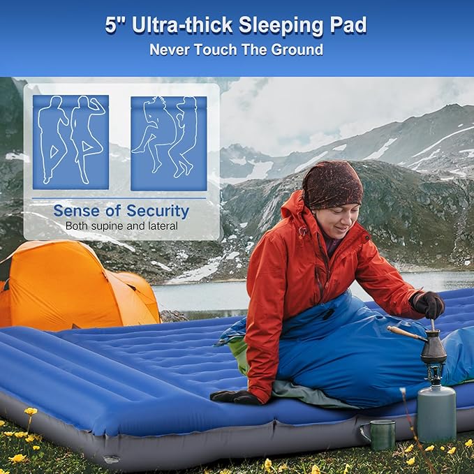 Double Sleeping Pad Camping, Self Inflating 6'' Extra-Thick 2 Person Pillow Built-in Foot Pump Waterproof Inflatable Sleeping Mat Backpacking, Tent, Hiking, Portable Camping Pad (Navy Grey)