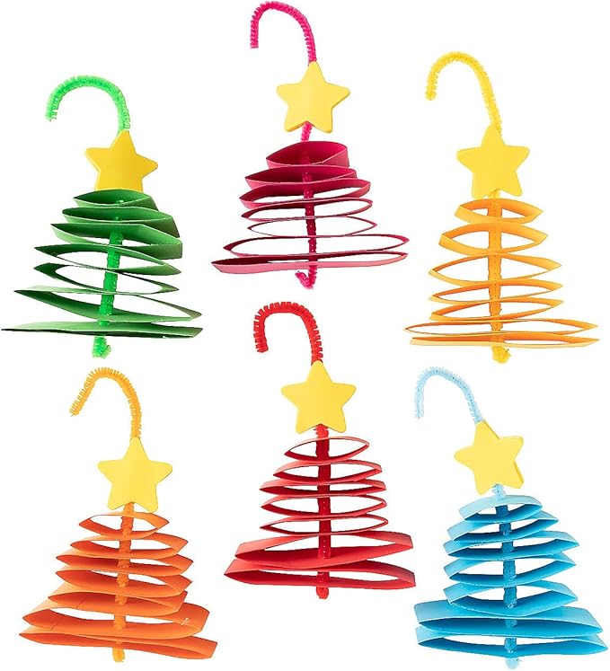 Assorted Colors Bright Paper Christmas Tree Ornament Craft Kit - 4" x 7" (Set of 12) - Ideal for DIY Holiday Decorations & Kids Crafts