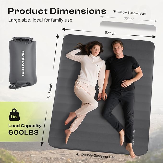 Self-Inflating Camping Mattress Pad 2 Person, 4in Thick Foam Sleeping Pad for Tent Camping, 4-Season Double Sleeping Pad with Pump Sack, Gray