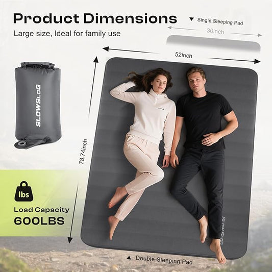 Self-Inflating Camping Mattress Pad 2 Person, 4in Thick Foam Sleeping Pad for Tent Camping, 4-Season Double Sleeping Pad with Pump Sack, Gray