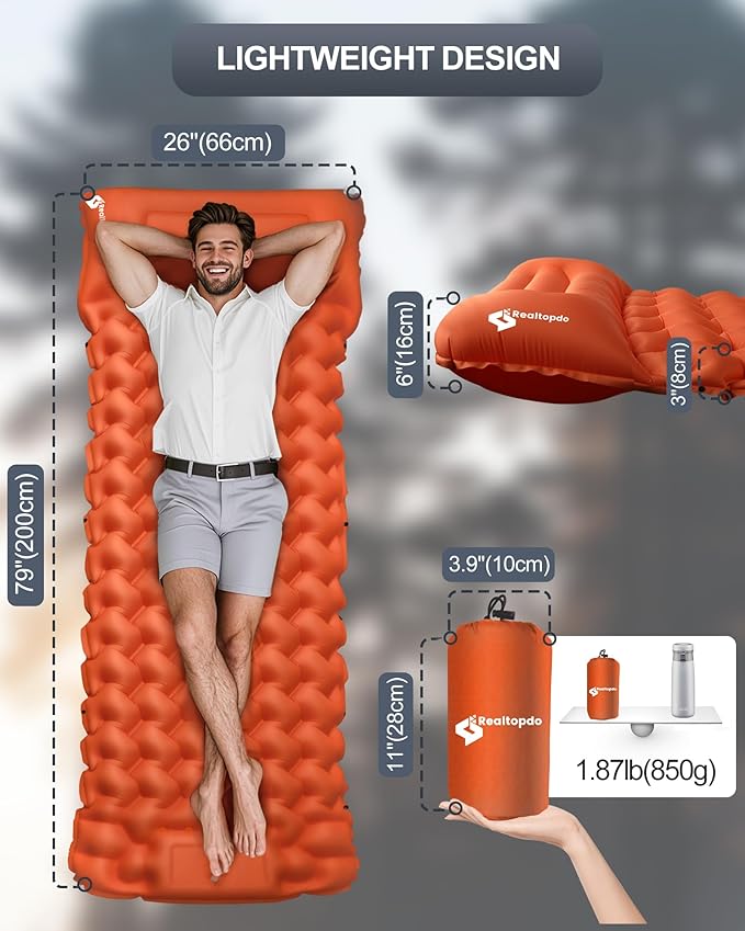 Inflatable Camping Sleeping Pad with Pillow & Foot Pump, 3"x79"x26" Single Camping Air Mattress, Compact Roll-Up, Quick-Dry & Durable Sleeping Mat for Backpacking, Hiking, Tent, Travel – Orange