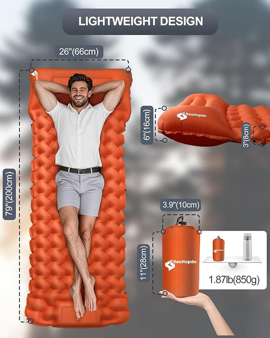 Inflatable Camping Sleeping Pad with Pillow & Foot Pump, 3"x79"x26" Single Camping Air Mattress, Compact Roll-Up, Quick-Dry & Durable Sleeping Mat for Backpacking, Hiking, Tent, Travel – Orange