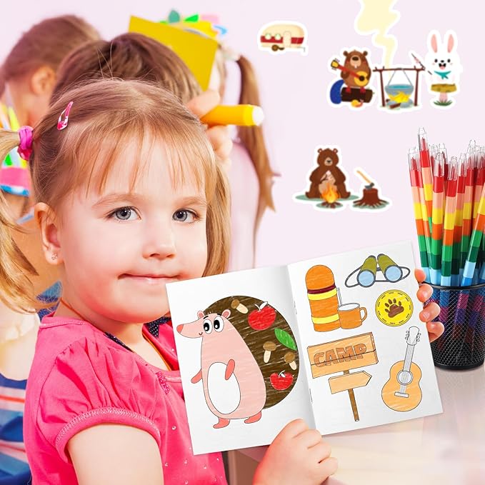 Pasimy 48 Pcs Camping Party Favors Coloring Books with Stackable Crayons Coloring Pages Drawing Booklet Party Supplies for DIY Art Painting Games Goodie Bag Fillers