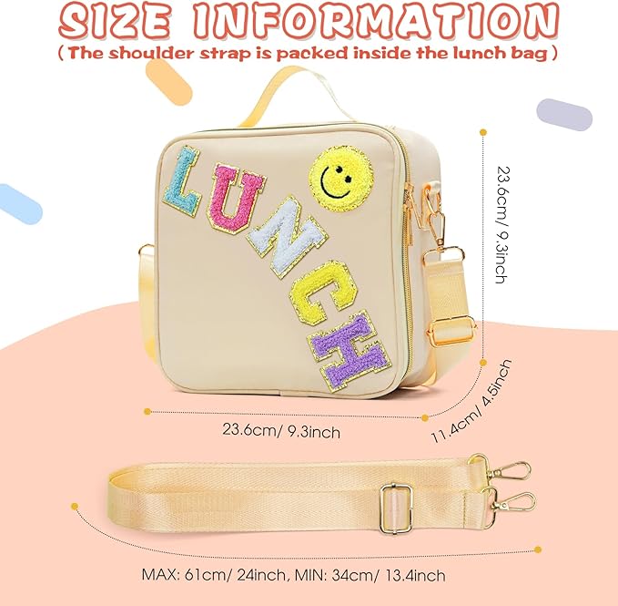 Insulated Lunch Bag Women Lunch Box Kids for Teen Girls Boys, Cute Preppy Lunch Boxes With Adjustable Shoulder Strap, Waterproof Nylon Lunchbox Lunch Bags for School Work Picnic (Beige)