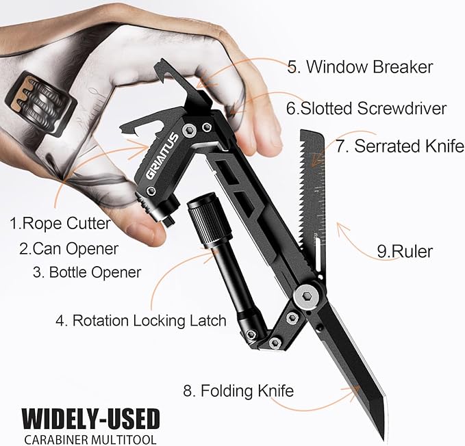 Carabiner Multitool 8-in-1 EDC Carabiners Pocket Knife, Serrated Knife, Rope Cutter, Screwdriver, Can Bottle Opener, Ruler, Survival Gear for Camping Climbing, Christmas Gifts for Men Women (Black)