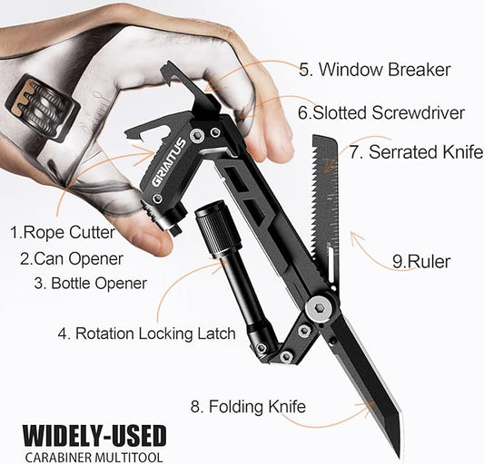 Carabiner Multitool 8-in-1 EDC Carabiners Pocket Knife, Serrated Knife, Rope Cutter, Screwdriver, Can Bottle Opener, Ruler, Survival Gear for Camping Climbing, Christmas Gifts for Men Women (Black)