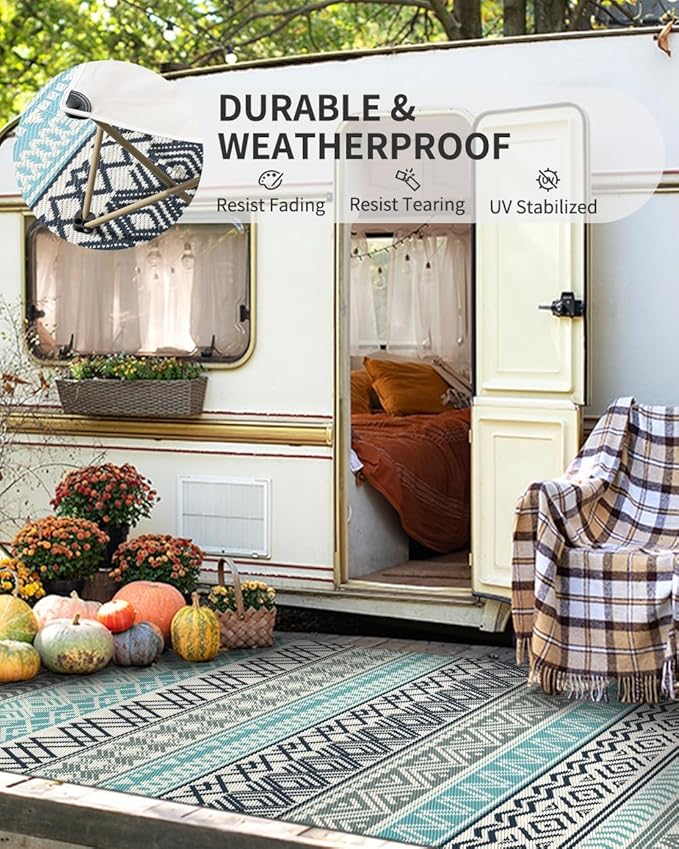 MontVoo Outdoor Rug Carpet 10x14 Waterproof-Patio Rug Mat Reversible RV Camping Rug Picnic Mat Plastic Straw Outside Rug for Balcony Porch Deck Beach-Boho Outdoor Area Rug for Patio Decor Colorful