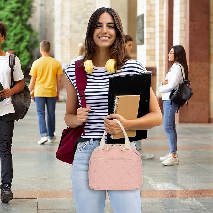 Pink Quilted Lunch Tote Bag, Insulated Thermal Cooler, Portable and Reusable Large Capacity for Office, School, or Picnic, 8.5L