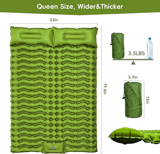 Double Sleeping Pad for Camping, Self Inflating 4" Extra-Thick Camping Mattress Pad 2 Person with Pillow, Built-in Foot Pump, Ultralight Camping Bed Mat for Backpacking Hiking Traveling Tent