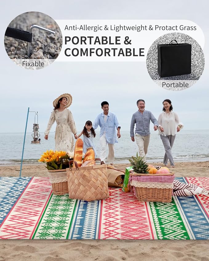 MontVoo Outdoor Rug Carpet 8x10 Waterproof-Patio Rug Mat Reversible RV Camping Rug Picnic Mat Plastic Straw Outside Rug for Balcony Porch Deck Beach-Boho Outdoor Area Rug for Patio Decor Colorful