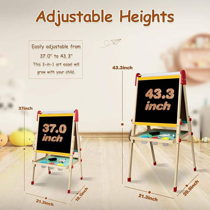 LOL-FUN Easel for Kids 4, Magnetic Double Sided Wooden Kids Easel for Painting with Paper Roll, Adjustable Art Easel for Kids Ages 4-8
