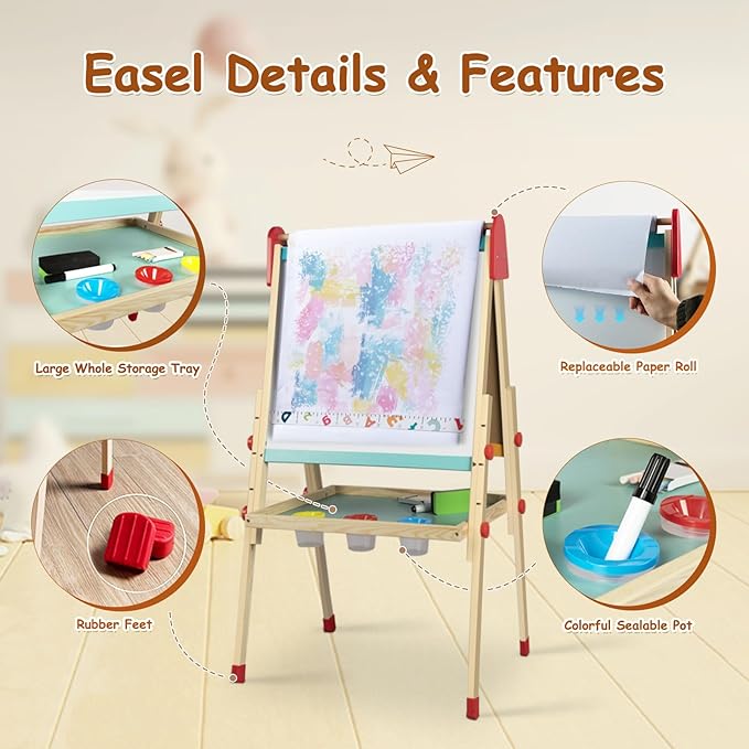 LOL-FUN Easel for Kids 4, Magnetic Double Sided Wooden Kids Easel for Painting with Paper Roll, Adjustable Art Easel for Kids Ages 4-8