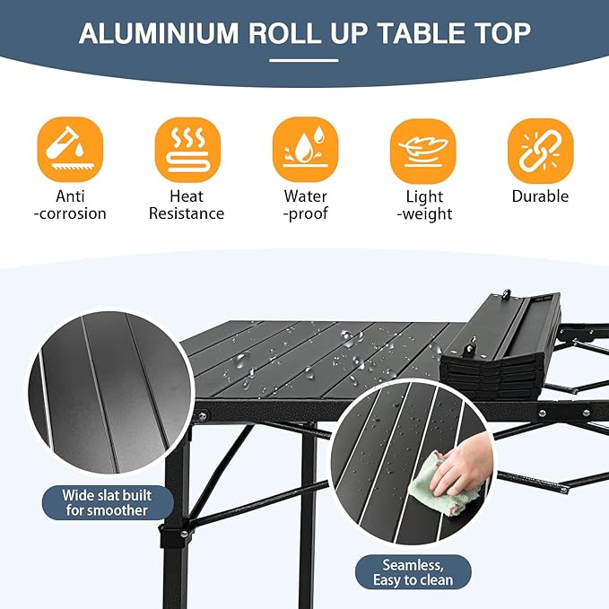 Large Folding Camping Table Aluminum for 5-7 People 55"X27.5" Roll Up Tall Outdoor Portable Table Lightweight with Carry Bag for Picnic BBQ Backyard Beach Black