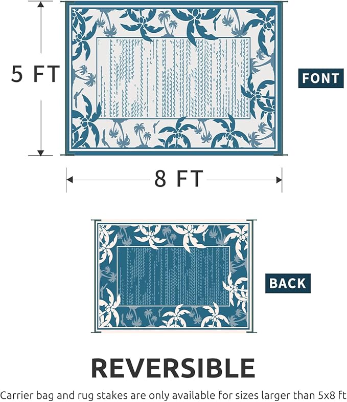 COCOER Outdoor-Rug 5x8 ft Waterproof Reversible Outdoor Plastic Straw Rug RV Indoor Outdoor Carpet Quick Dry Patio Rug Camping Mat for Balcony Backyard Picnic Beach-Blue&White