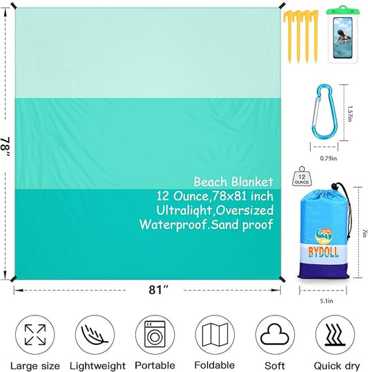 BYDOLL Beach Blanket Waterproof Sandproof 78''×81'' 1-7 Adults Oversized Lightweight Large Picnic Mat Waterproof Sandproof Blanket for Beach