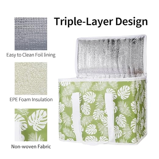 Bodaon 3-Pack Insulated Reusable Grocery Shopping Bags, X-Large Picnic Cooler Bag with Zipper Zippered Top Cold, Green-Leaf