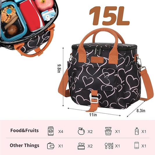 Joymee Large Insulated Lunch Bag for Women Adults, Reusable Waterproof Lunch Box for Work Picnic Camping, Small Lunch Cooler Leakproof Tote with Side Pocket Adjustable Shoulder Strap - Love Heart