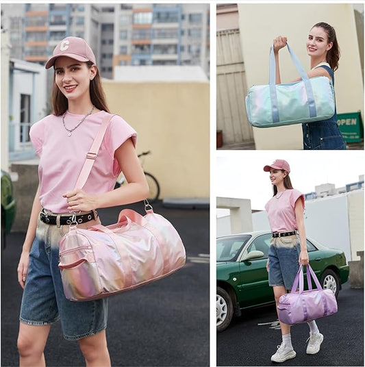 Girls Sports Duffel Bags Woman Travel Bag Overnight Duffle Bag Kids Sports Gym Bag With Shoe Compartment Wet Pocket (Matte Pink)