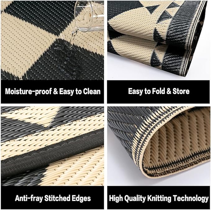 Outdoor Rug for Patios Clearance,Waterproof Mat,Large Outside Carpet,Reversible Plastic Straw Camping Rugs,Rv,Porch,Deck,Camper,Balcony,Backyard (5x8,Checkered/Black&Beige)