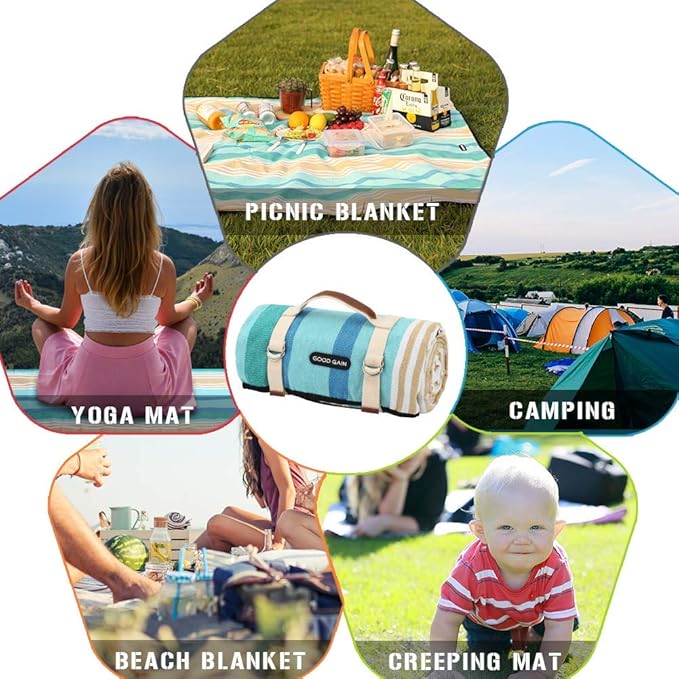 G GOOD GAIN Picnic Blanket Waterproof & Sand Proof,Beach Blanket Portable with Carry Strap, XL Large Foldable Picnic Rug Machine Washable for Outdoor Camping Party,Wet Grass,Hiking,Kids Playground