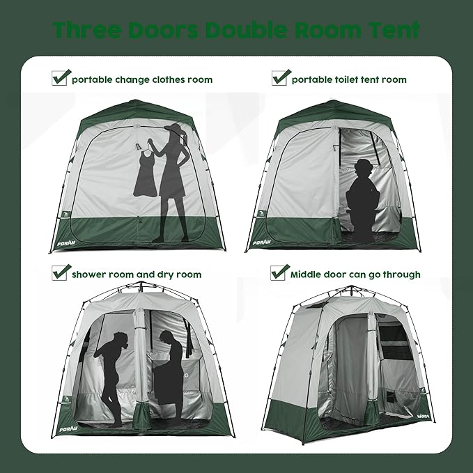 Camping Shower Tent Deluxe Changing Room Easy Set Up Privacy Shelter,Large Toilet Tent 2 Rooms with Floor Drain Design for Beach, Camping,Hiking with Stakes and Ropes for Stability