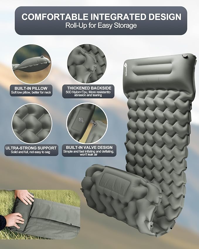 Inflatable Camping Sleeping Pad with Pillow & Foot Pump, 3"x79"x26" Single Camping Air Mattress, Compact Roll-Up, Quick-Dry & Durable Sleeping Mat for Backpacking, Hiking, Tent, Travel – Grey