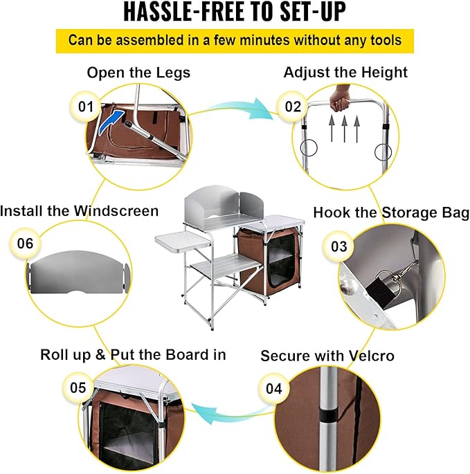 VEVOR Camping Kitchen Table, Aluminum Portable Folding Camp Cook Station with Windscreen, Cupboard, Storage Organizer, Carrying Bag, Quick Installation for Outdoor Picnic Beach BBQ RV Traveling, Brown
