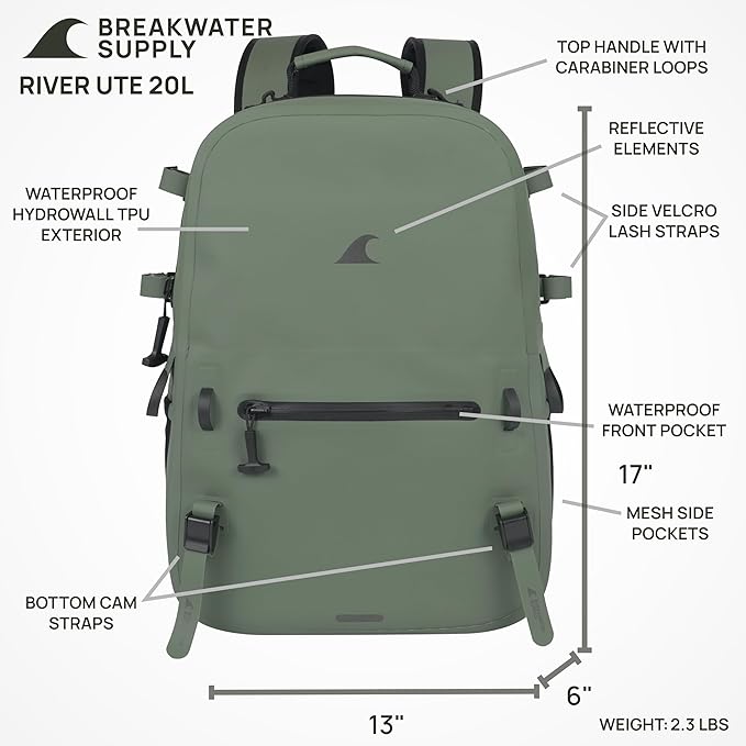 Breakwater Supply™ River Ute Waterproof IP68 Fishing Backpack, Floating TPU Submersible Dry Bag with Padded Hip Belt and Airtight Zippers | 20L (River Ute 20L Marsh Green)