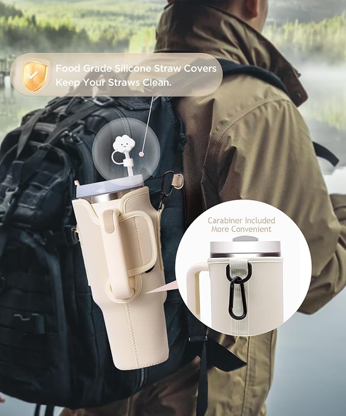 dabria Initial A-Z Water Bottle Bag with Phone Pocket for Stanley 40 oz Tumbler Neoprene Water Bottle Holder Pouch with Adjustable Strap Bollus with Straw Cover & Carabiner for Stanley Cup Accessories