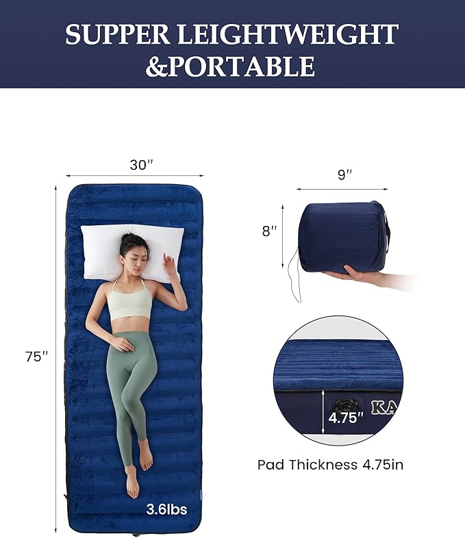 Inflatable Sleeping Pad for Camping, Extra-Thick 4.75 Inch Air Mattress with Soft Cotton Top, Machine Washable, Family Lightweight 4-Season Pad for Camping, Traveling & Hiking, Blue