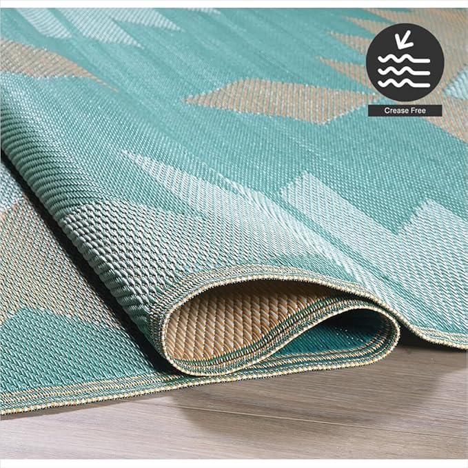 FH Home Outdoor Rug - Waterproof, Fade Resistant, Reversible - Premium Recycled Plastic - Geometric - Patio, Deck, Porch, Balcony - Bursa Kilim - Teal Crease Free - 6 x 9 ft