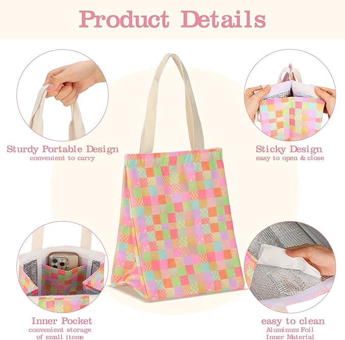 Berlune 10 Pcs Insulated Lunch Bag Bulk 8.3 x 6.7 x 10.24 Inch Reusable Portable Lunch Tote with Aluminum Foil Thermal Cooler Bag for Kids Women Men Office School Picnic, 10 Styles