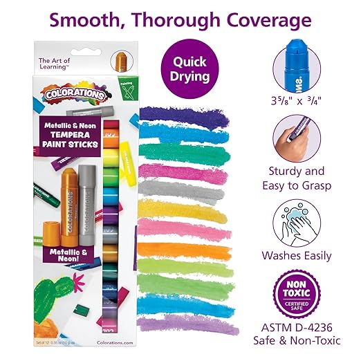 Colorations Metallic, Neon, Tempera Paint Sticks, Set of 12, Quick Drying, Non Toxic, Easy to use Paint, Mess Free Paint, School Supplies, Art Supplies, Craft Projects, Children, Arts & Crafts