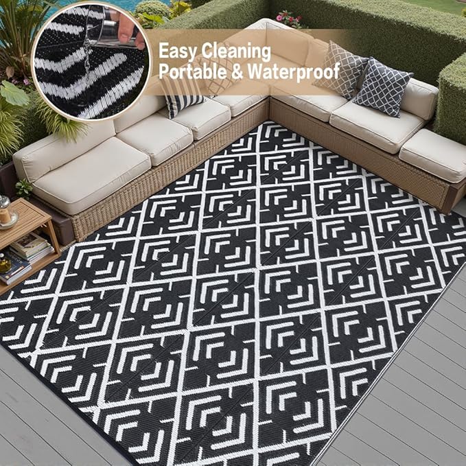 RV Outdoor Rug Waterproof Mat Outdoor Rugs 8'x10' for Patios Clearance Carpet Outdoor Camping Rugs Large Plastic Straw Rug(8x10ft Geometric Black&White)